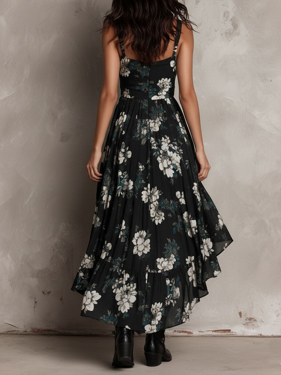 Robe Maxi Noire Sans Bretelles à Imprimé Floral