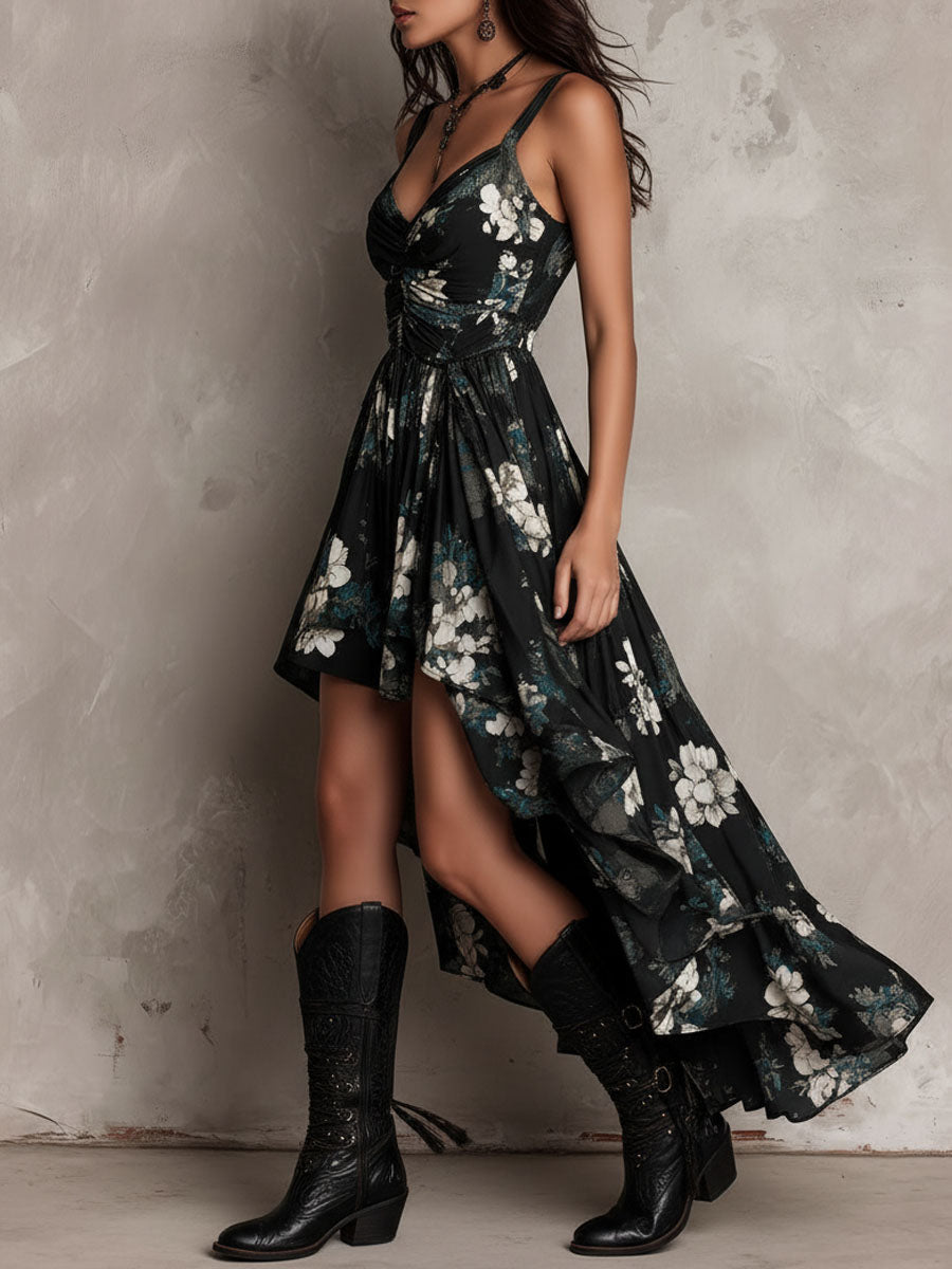Robe Maxi Noire Sans Bretelles à Imprimé Floral