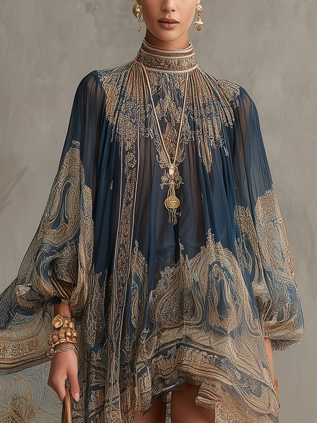 Mini Robe Bleu Marine en Mousseline à Imprimé Baroque
