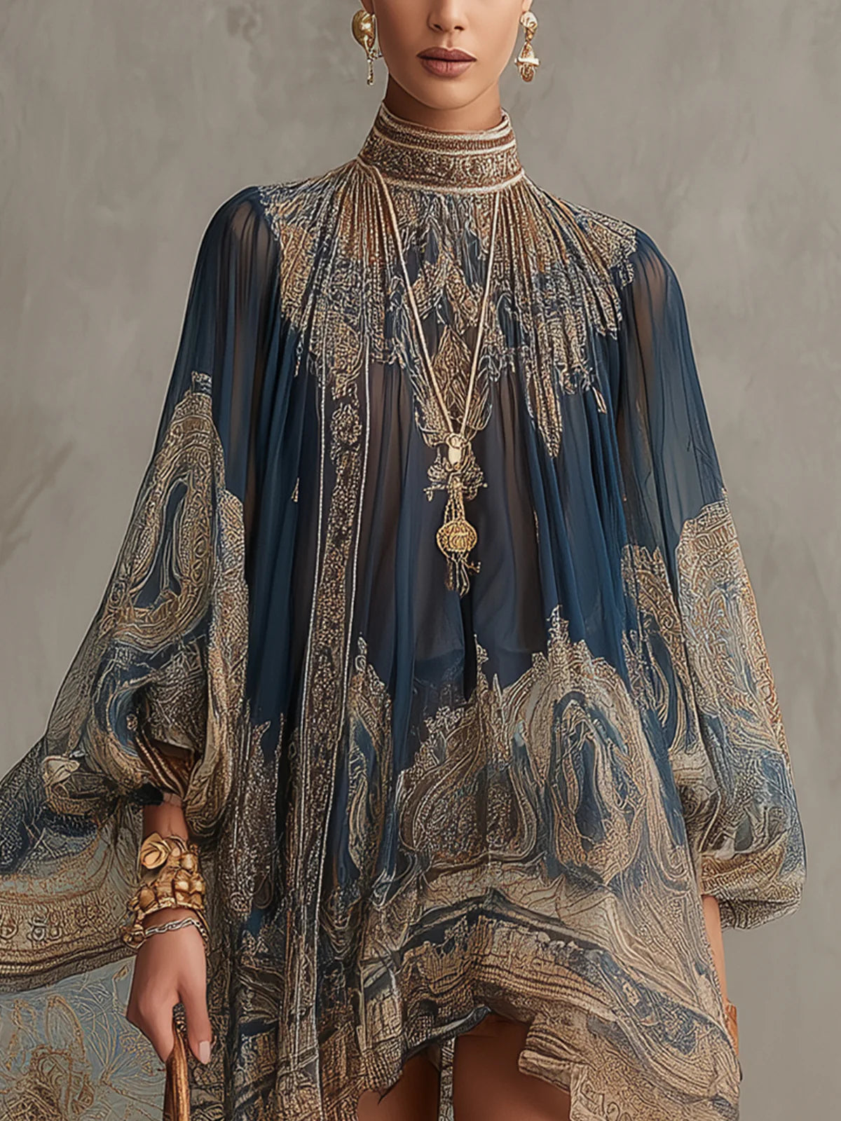 Mini Robe Bleu Marine en Mousseline à Imprimé Baroque