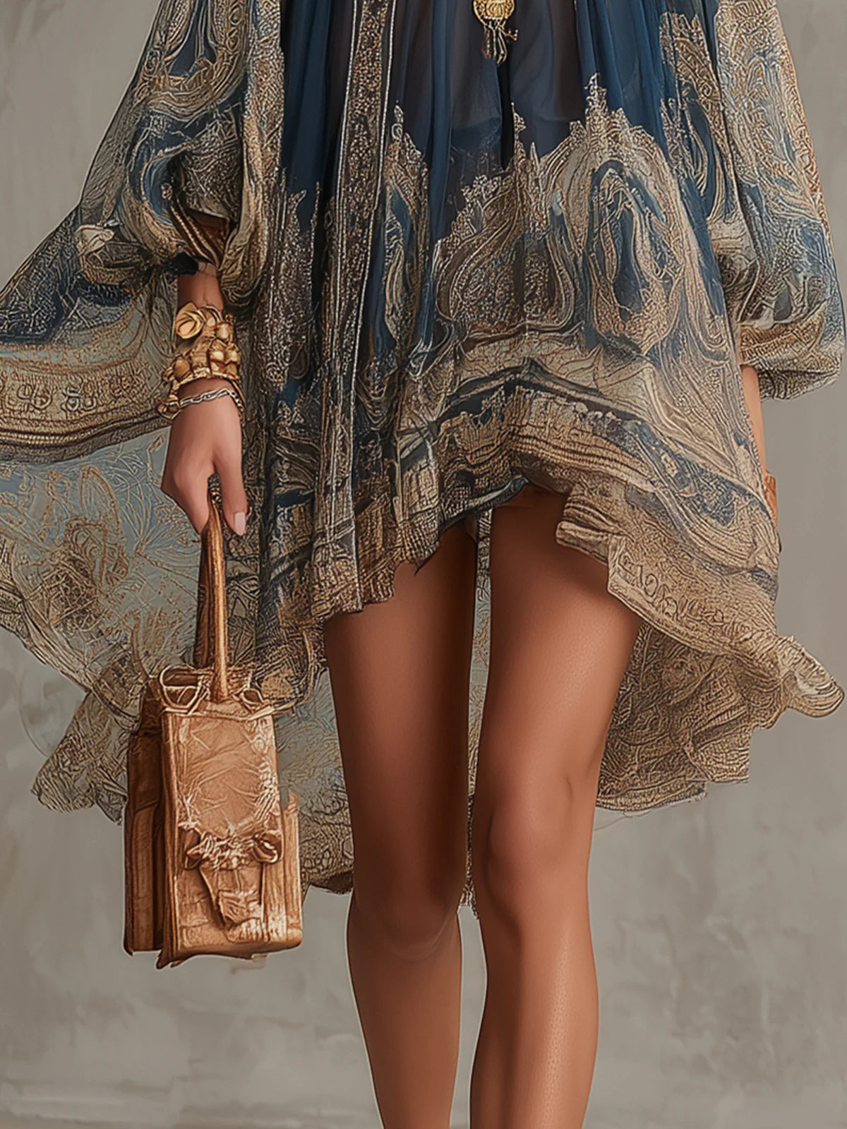 Mini Robe Bleu Marine en Mousseline à Imprimé Baroque