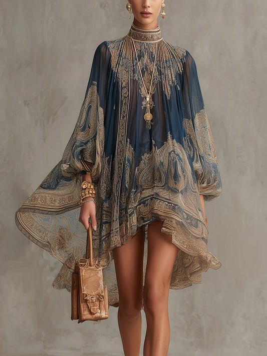 Francesca | Mini Robe Bleu Marine à Imprimé Baroque Doré