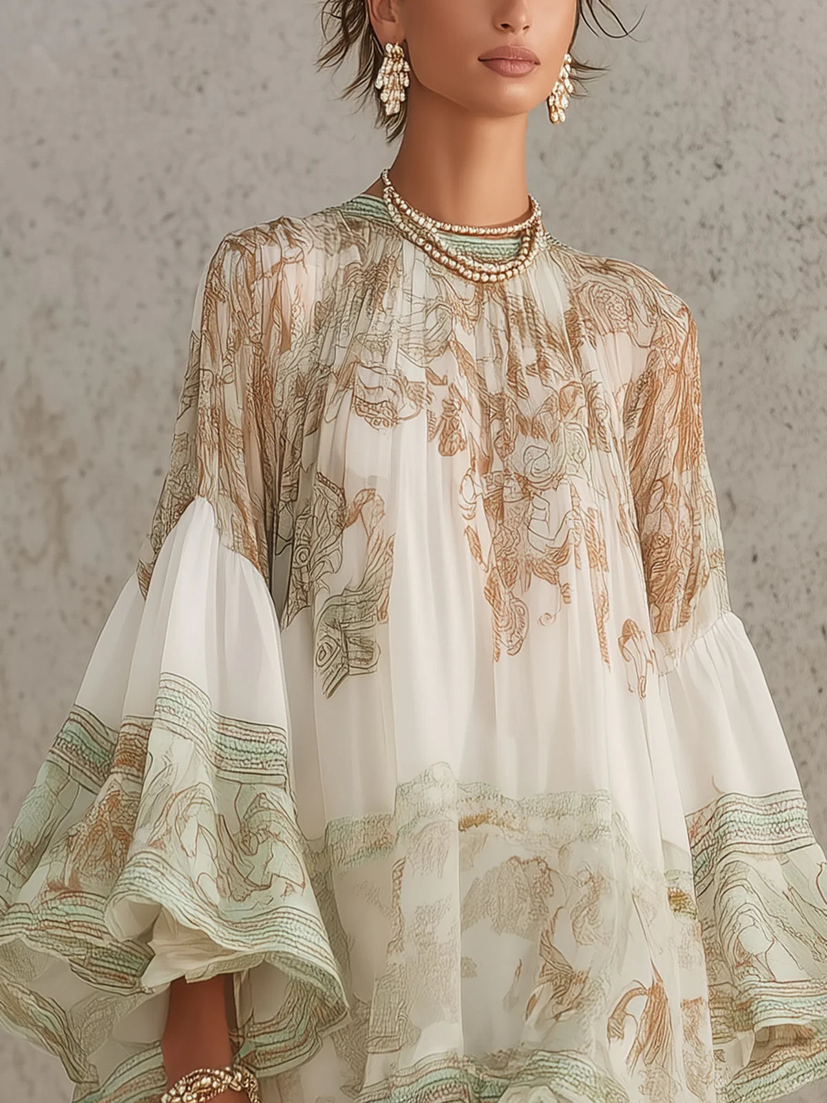 Mini-robe verte en mousseline à rayures et manches à volants