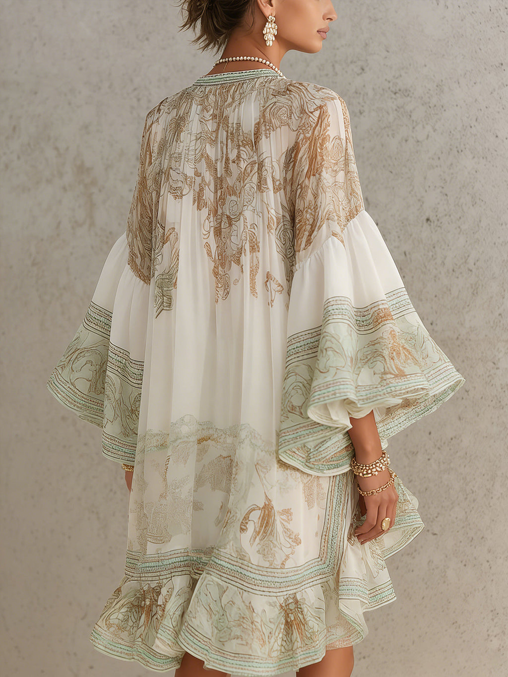 Mini Robe Verte en Mousseline à Rayures et Manches à Volants