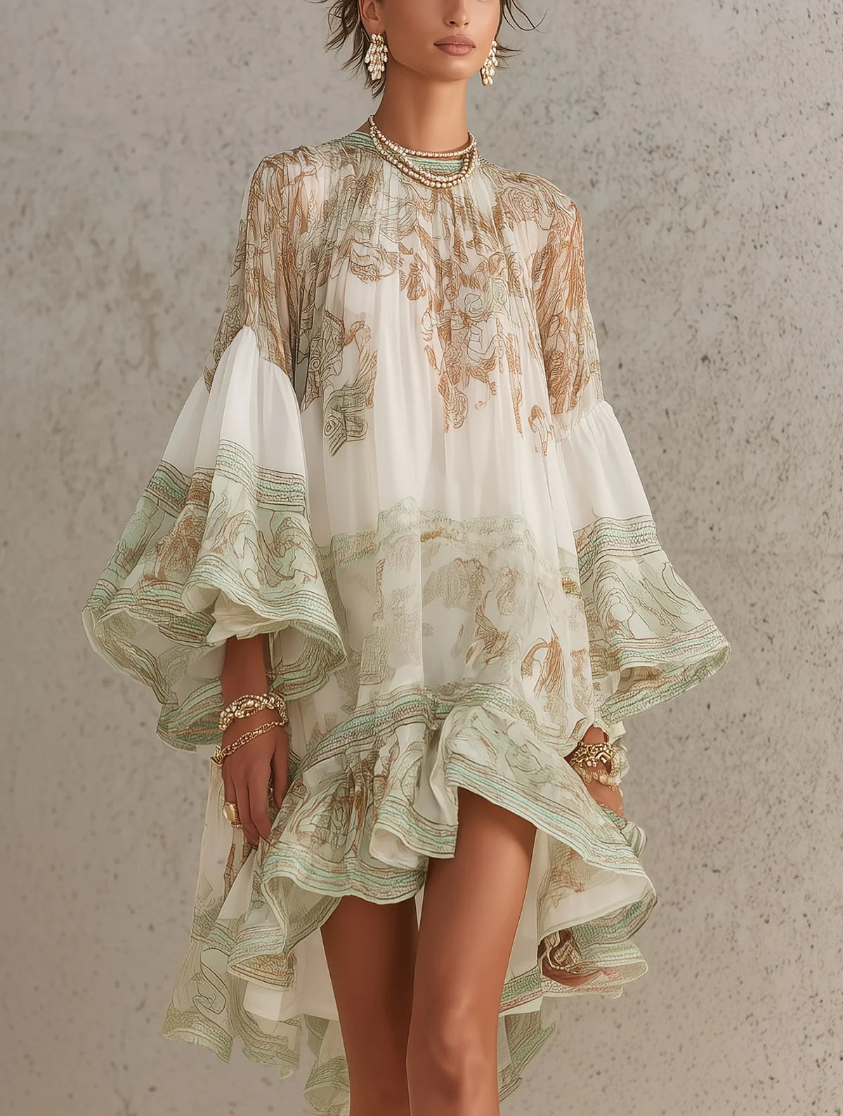 Mini-robe verte en mousseline à rayures et manches à volants