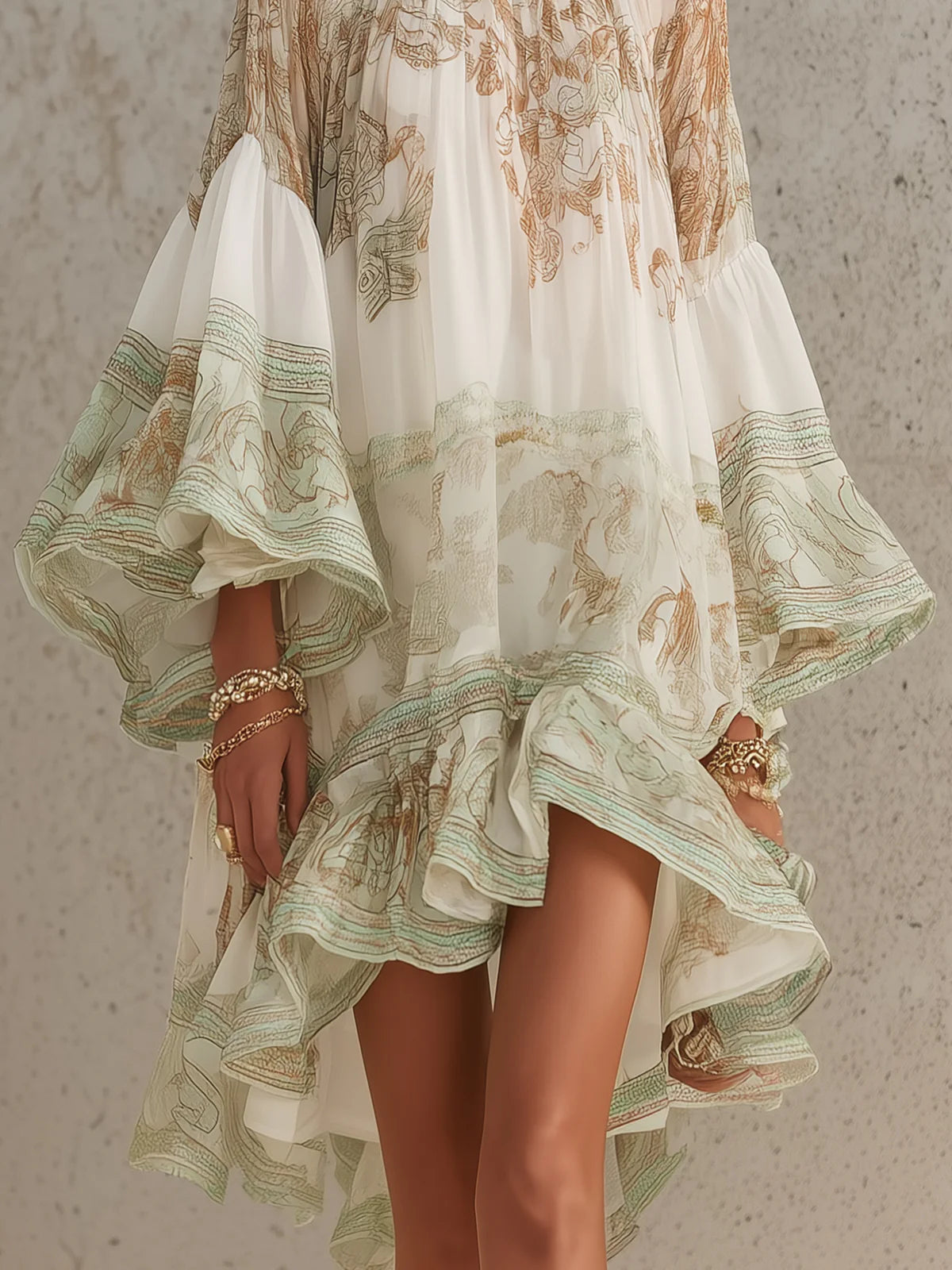 Mini-robe verte en mousseline à rayures et manches à volants