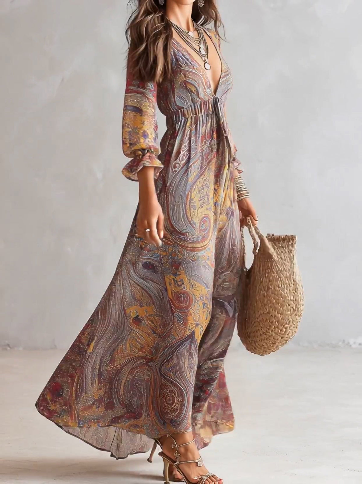 Robe maxi en mousseline à imprimé cachemire et décolleté en V