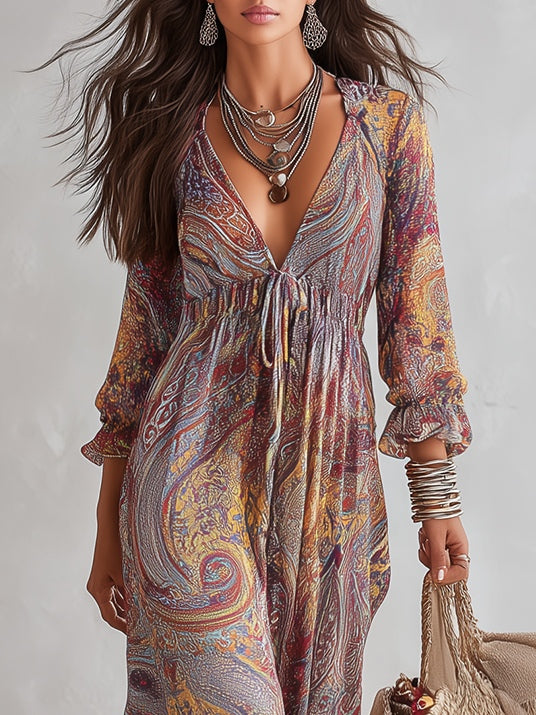 Robe maxi en mousseline à imprimé cachemire et décolleté en V
