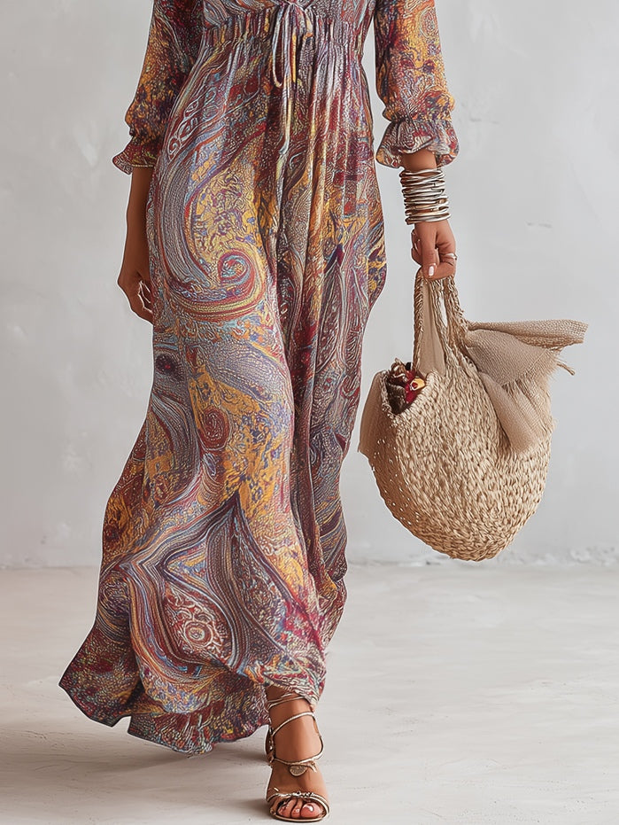 Robe maxi en mousseline à imprimé cachemire et décolleté en V