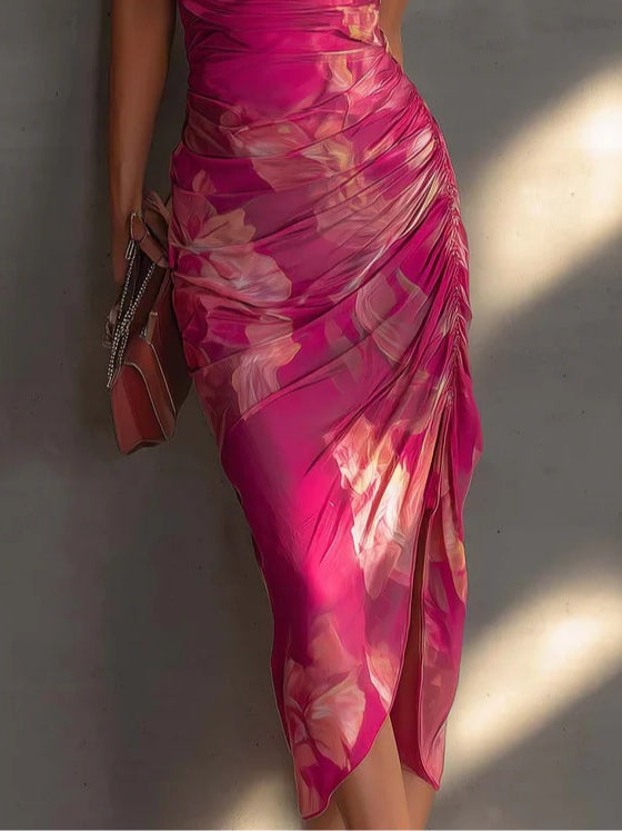 Robe Bodycon Sans Manches à Imprimé Floral Fuchsia