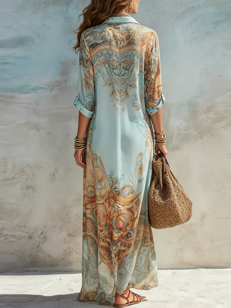 Robe longue bleue à imprimé floral