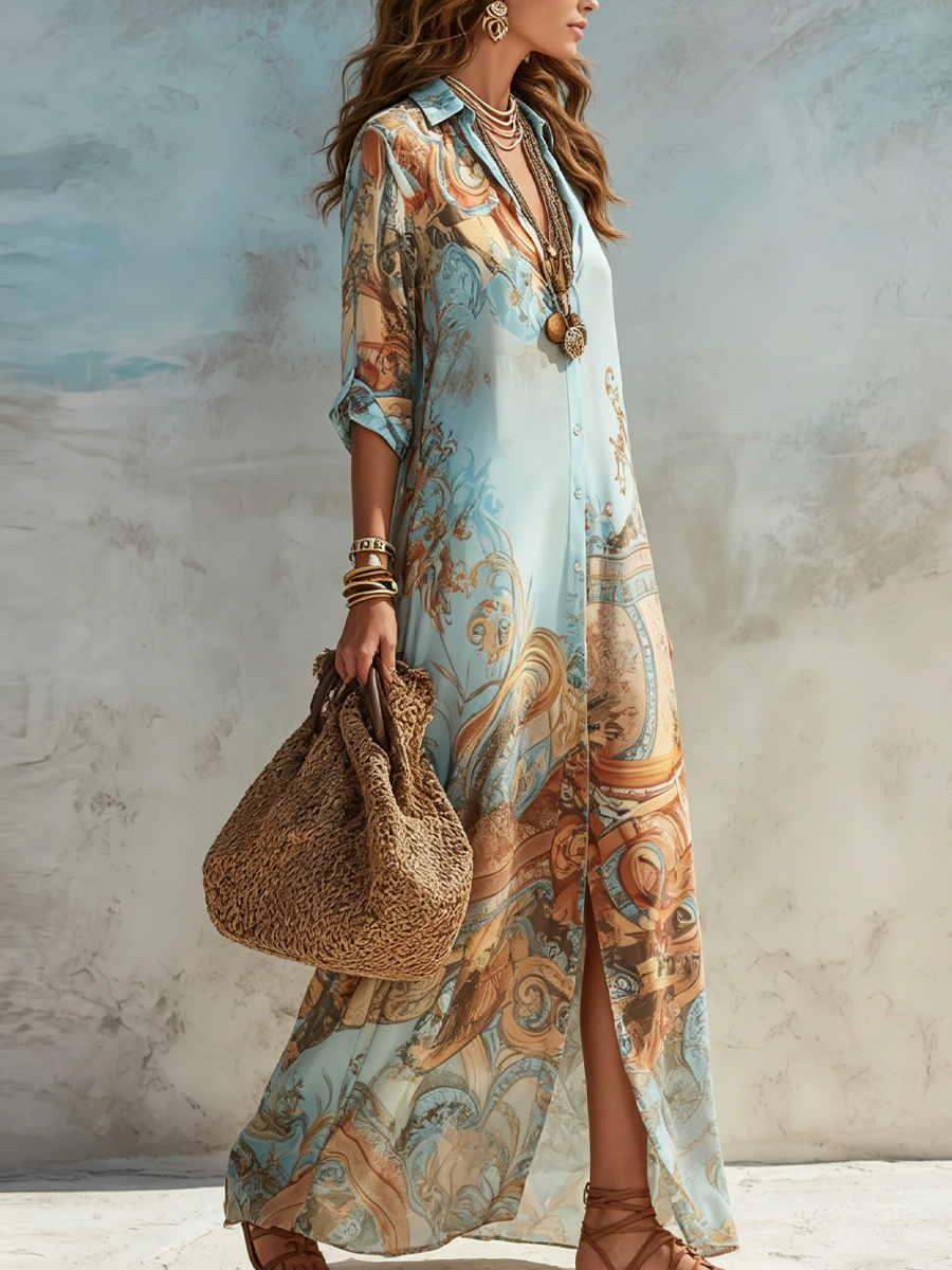 Robe longue bleue à imprimé floral