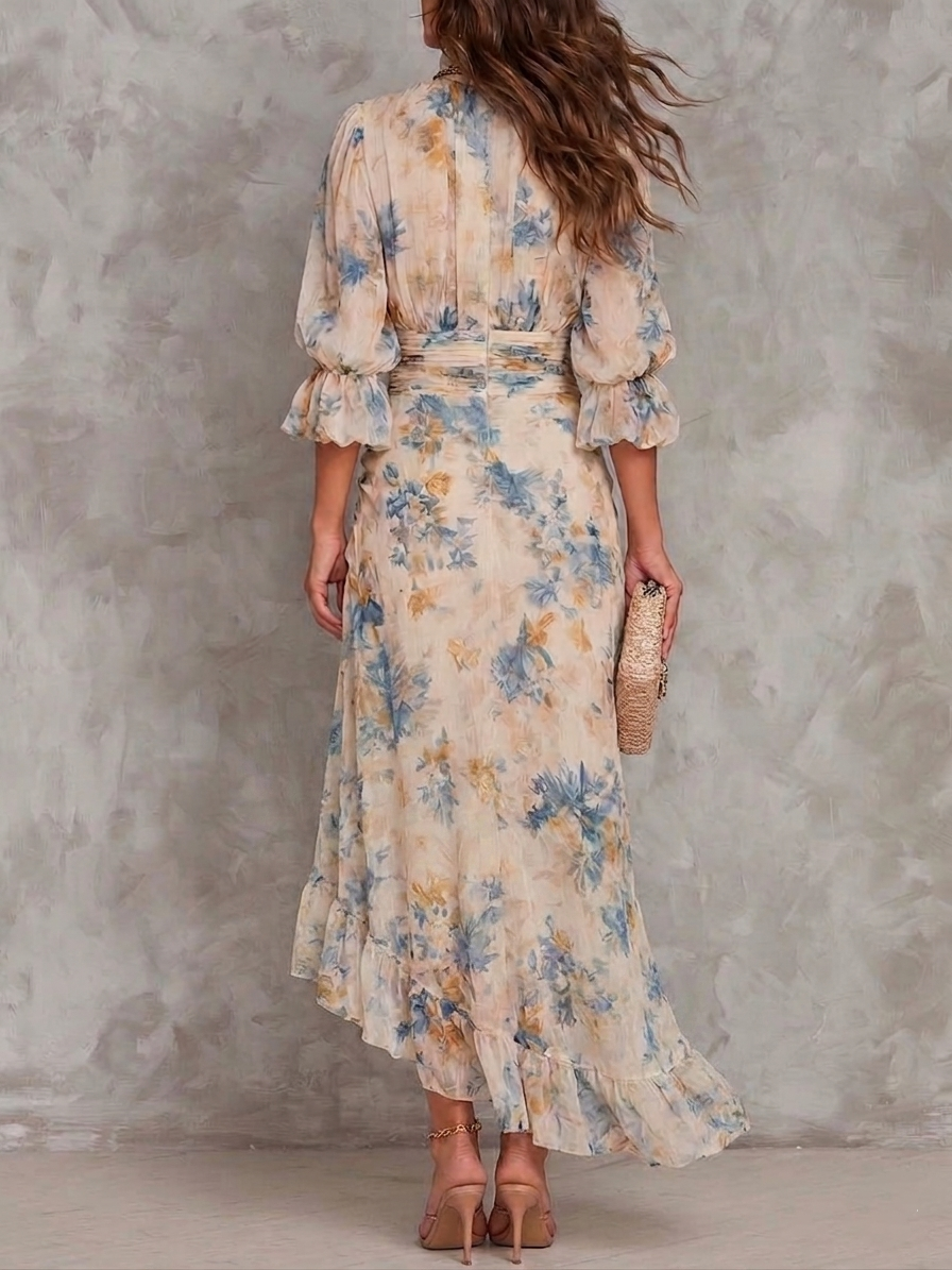 Robe maxi asymétrique en mousseline à imprimé floral