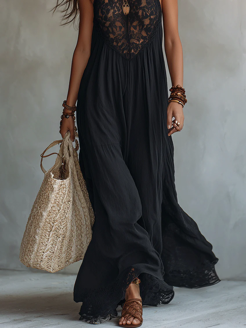 Robe Maxi Noire Sans Manches en Dentelle Bohème