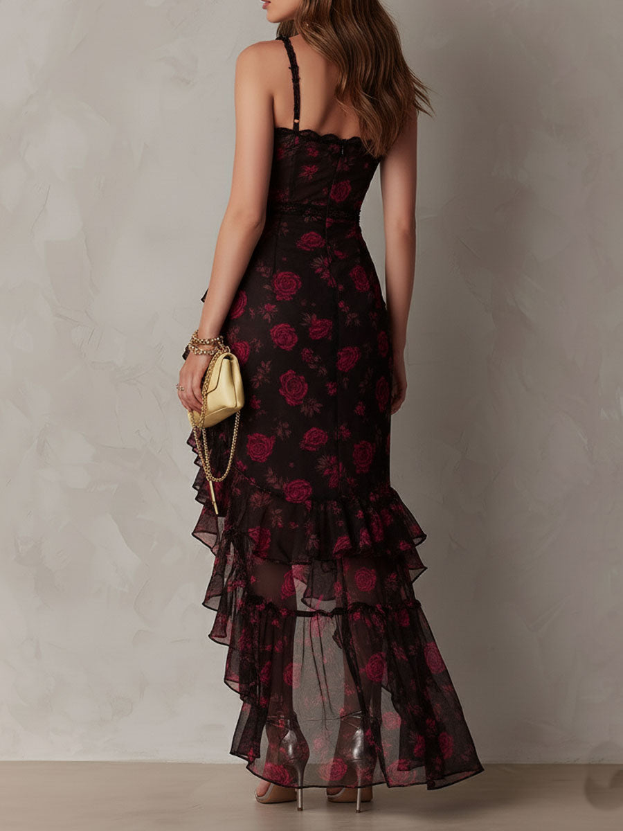 Robe Chic Noir et Rouge à Fleurs et Volants