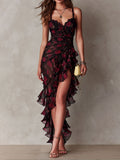 Robe Chic Noir et Rouge à Fleurs et Volants