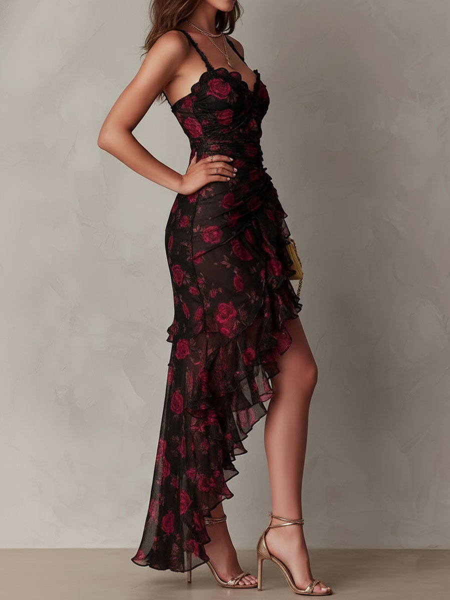 Robe Chic Noir et Rouge à Fleurs et Volants