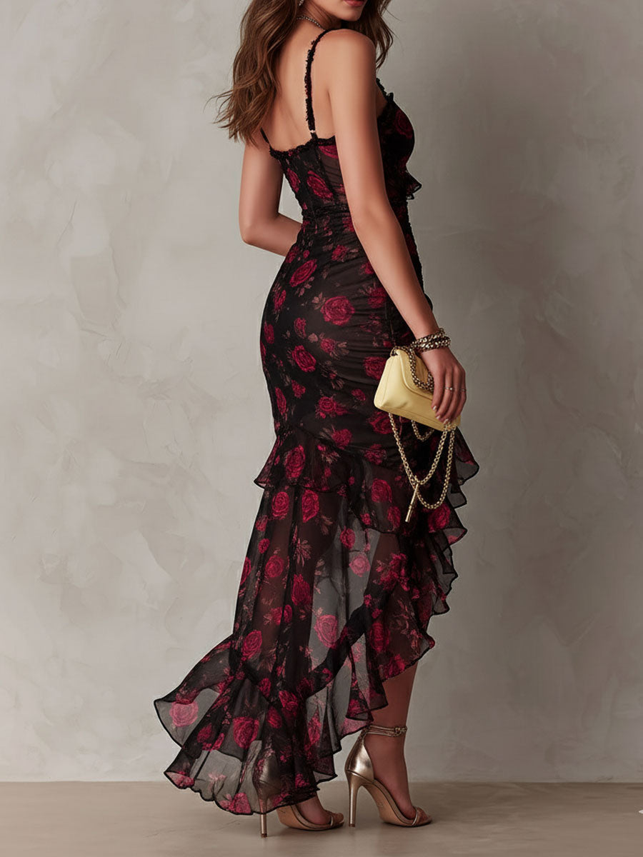 Robe Chic Noir et Rouge à Fleurs et Volants