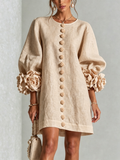 Ambre | Robe Mini en Mélange Lin à Poignets Rose, Beige