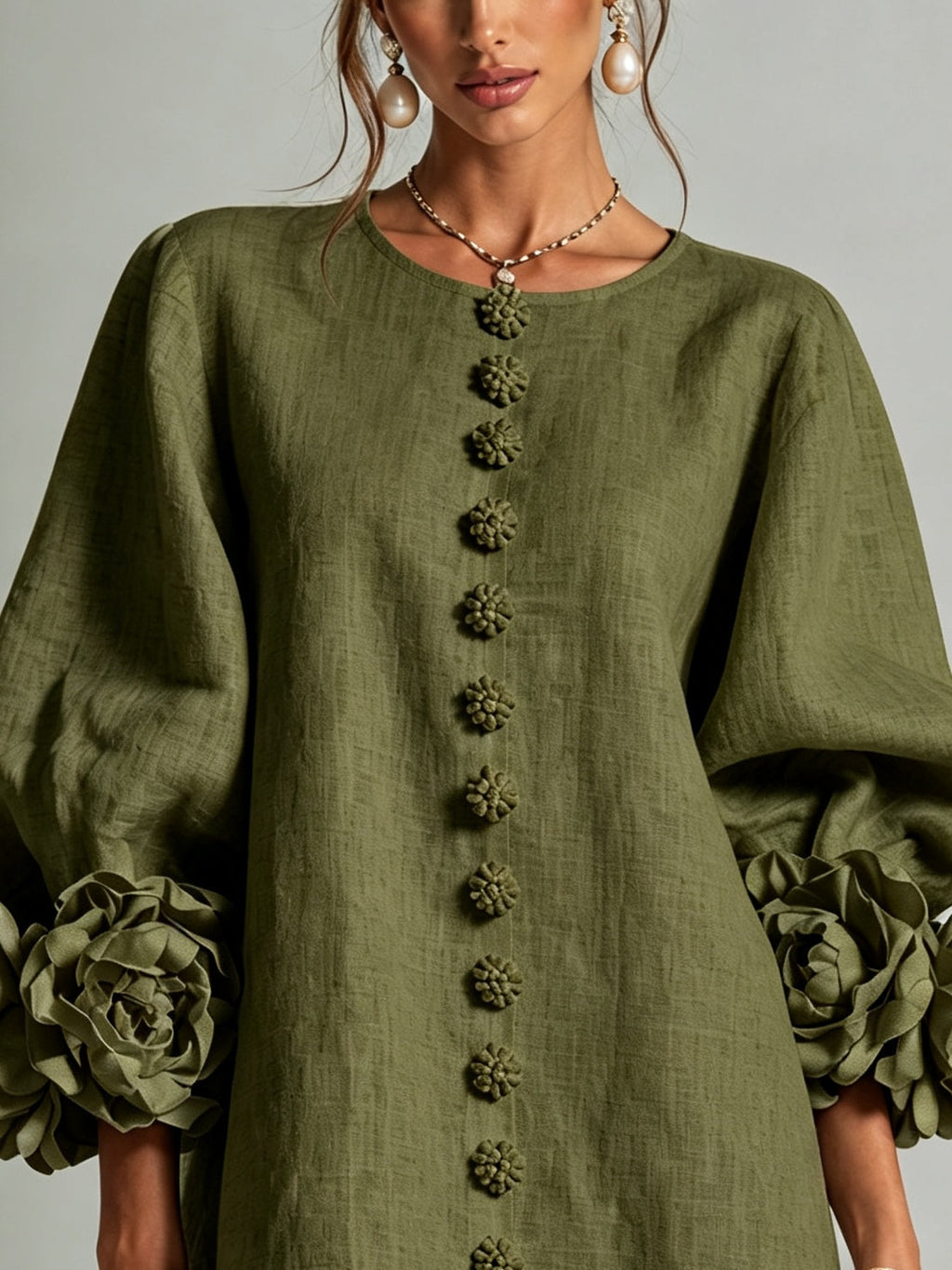 Mini Robe Chemise Florale Vert Olive avec Poignets Floraux Extravagants