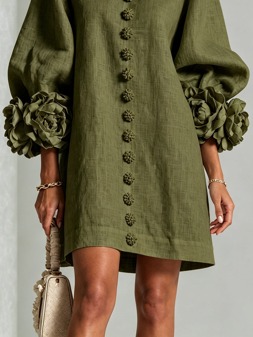 Mini Robe Chemise Florale Vert Olive avec Poignets Floraux Extravagants
