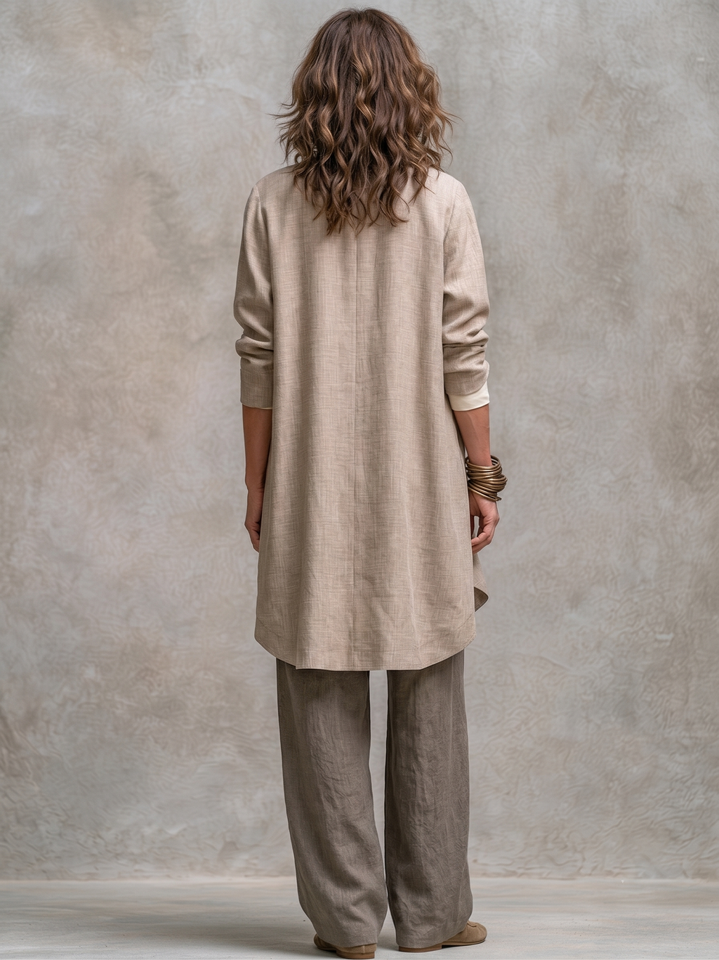 Costume Trois Pièces Décontracté Beige Gris à Superposition et Pantalon Large Élégant