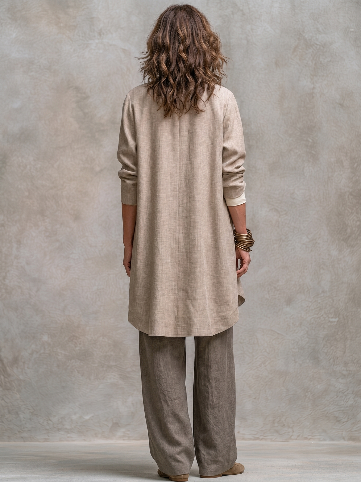 Costume Trois Pièces Décontracté Beige Gris à Superposition et Pantalon Large Élégant