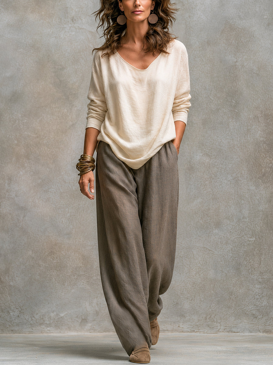Costume Trois Pièces Décontracté Beige Gris à Superposition et Pantalon Large Élégant