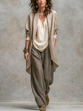 Costume Trois Pièces Décontracté Beige Gris à Superposition et Pantalon Large Élégant