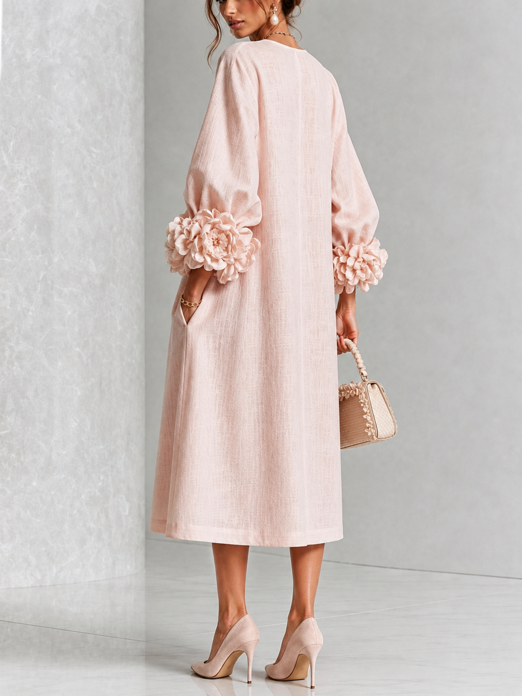 Églantine | Robe Midi Florale Rose Boutonnée à Manches Fantaisie