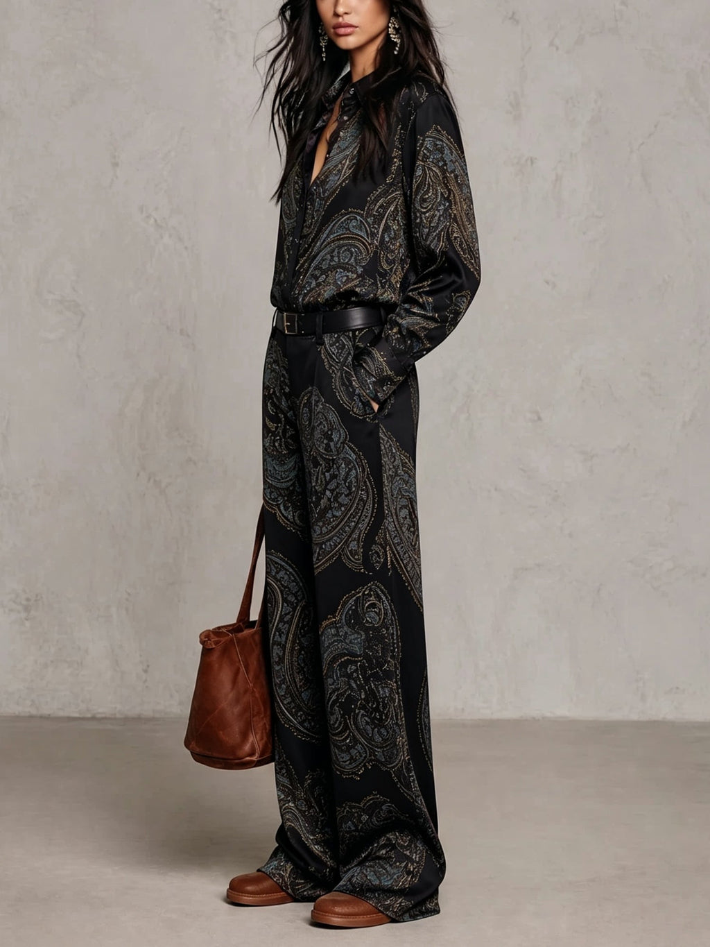 Ensemble Chemise Satin Imprimé Paisley Manches Longues et Pantalon Large (avec ceinture)