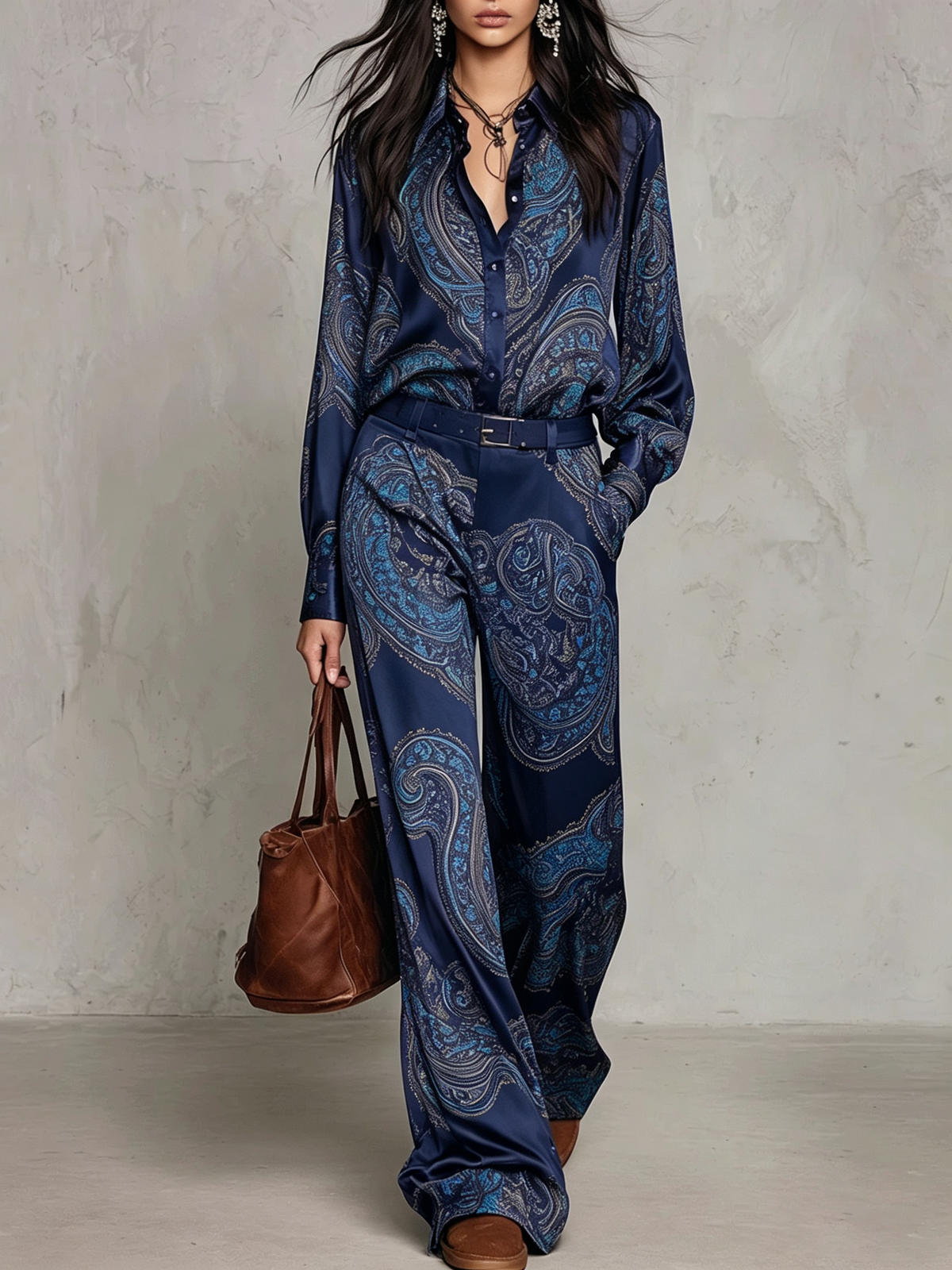 Ensemble chemise satinée imprimée paisley à manches longues et pantalon large (avec ceinture)
