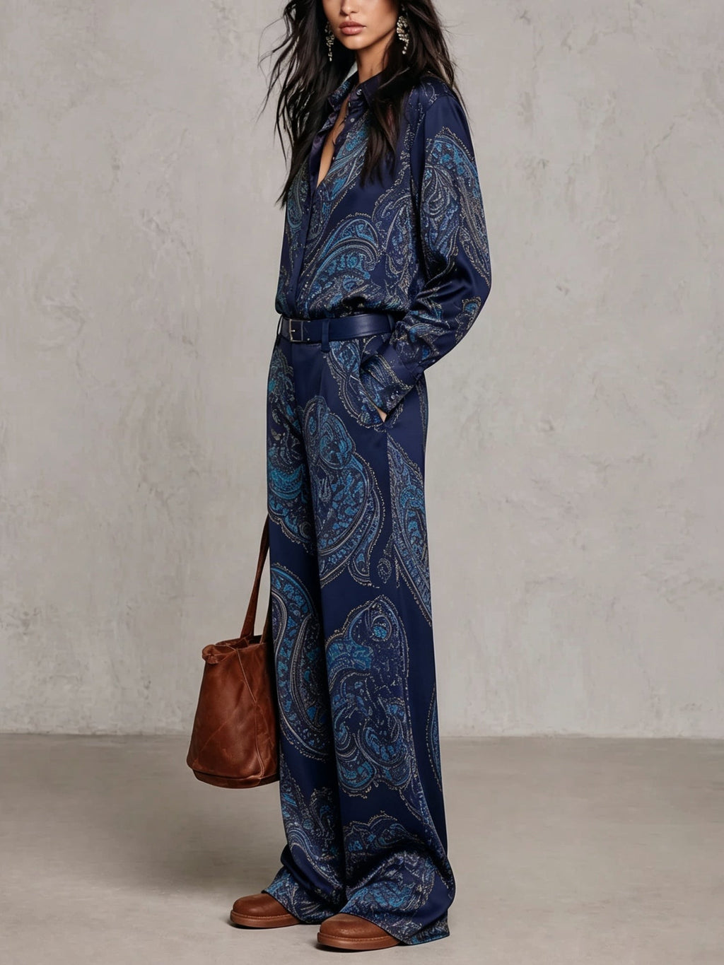 Ensemble Chemise Satin Imprimé Paisley Manches Longues et Pantalon Large (avec ceinture)