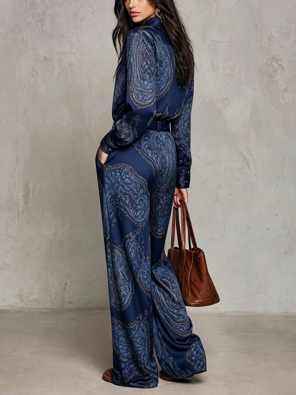 Ensemble Chemise Satin Imprimé Paisley Manches Longues et Pantalon Large (avec ceinture)