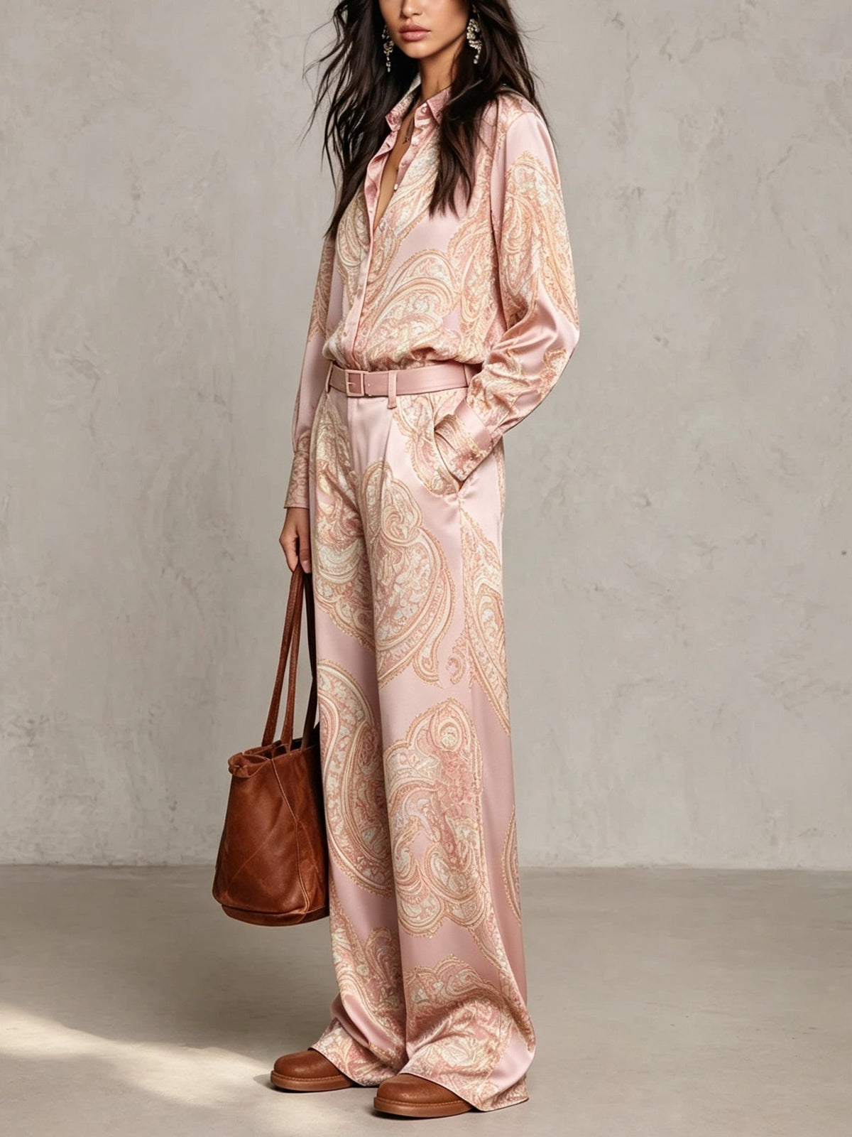 Ensemble Chemise Satin Imprimé Paisley Manches Longues et Pantalon Large (avec ceinture)