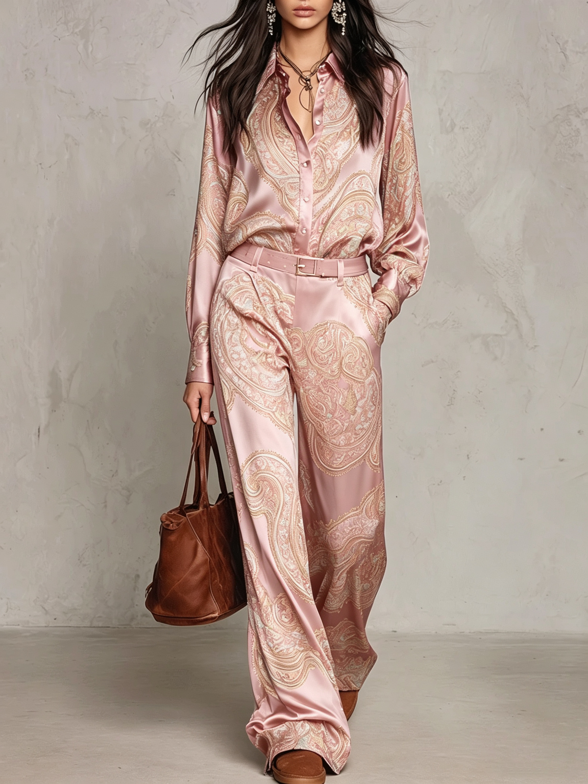 Ensemble chemise satinée imprimée paisley à manches longues et pantalon large (avec ceinture)