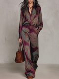 Ensemble Chemise Satin Imprimé Paisley Manches Longues et Pantalon Large (avec ceinture)