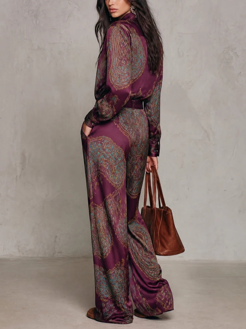 Ensemble Chemise Satin Imprimé Paisley Manches Longues et Pantalon Large (avec ceinture)