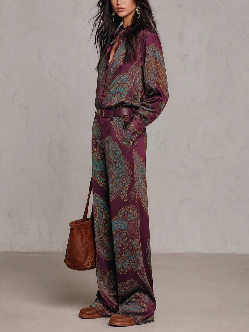 Ensemble Chemise Satin Imprimé Paisley Manches Longues et Pantalon Large (avec ceinture)
