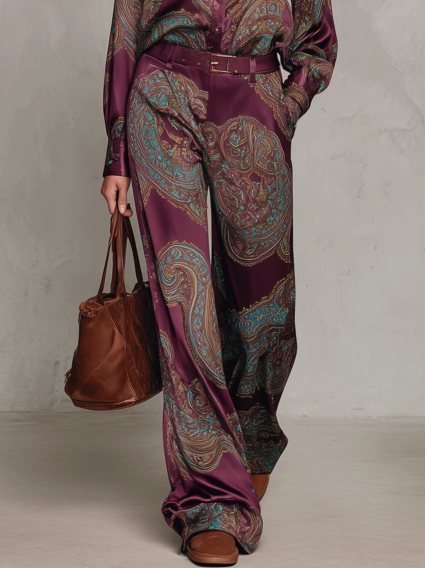 Ensemble Chemise Satin Imprimé Paisley Manches Longues et Pantalon Large (avec ceinture)