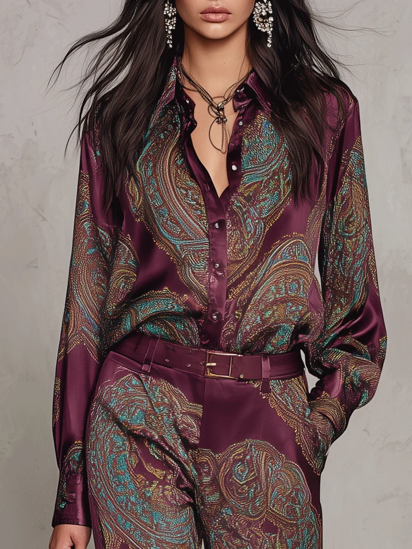 Ensemble Chemise Satin Imprimé Paisley Manches Longues et Pantalon Large (avec ceinture)