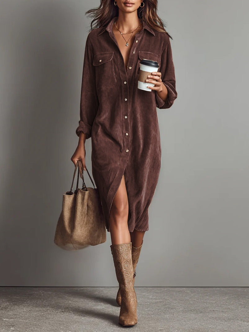 Blandine | Robe Midi en Velours Côtelé à Poches et Bouton Unique