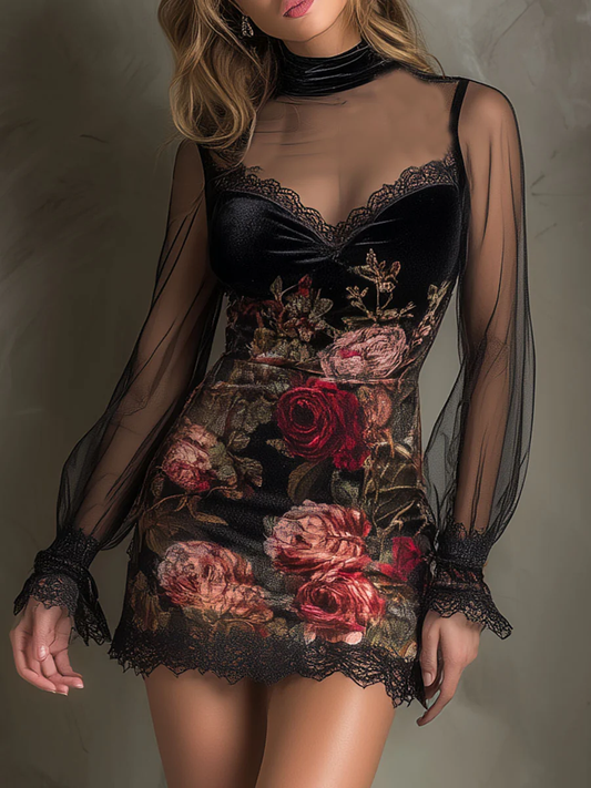 Robe Mini avec Imprimé de Roses et Dentelle