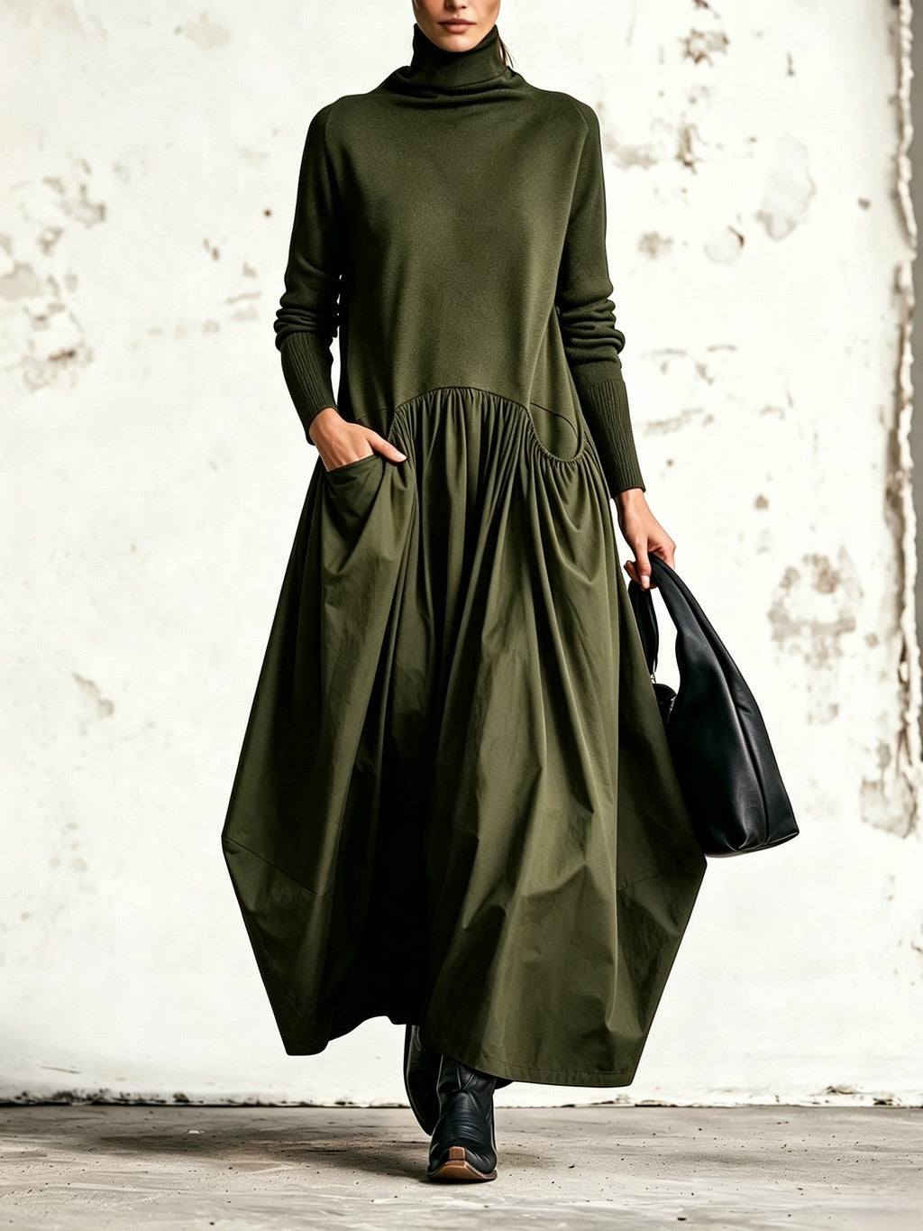 Vestido largo oversize con cuello alto y bolsillos