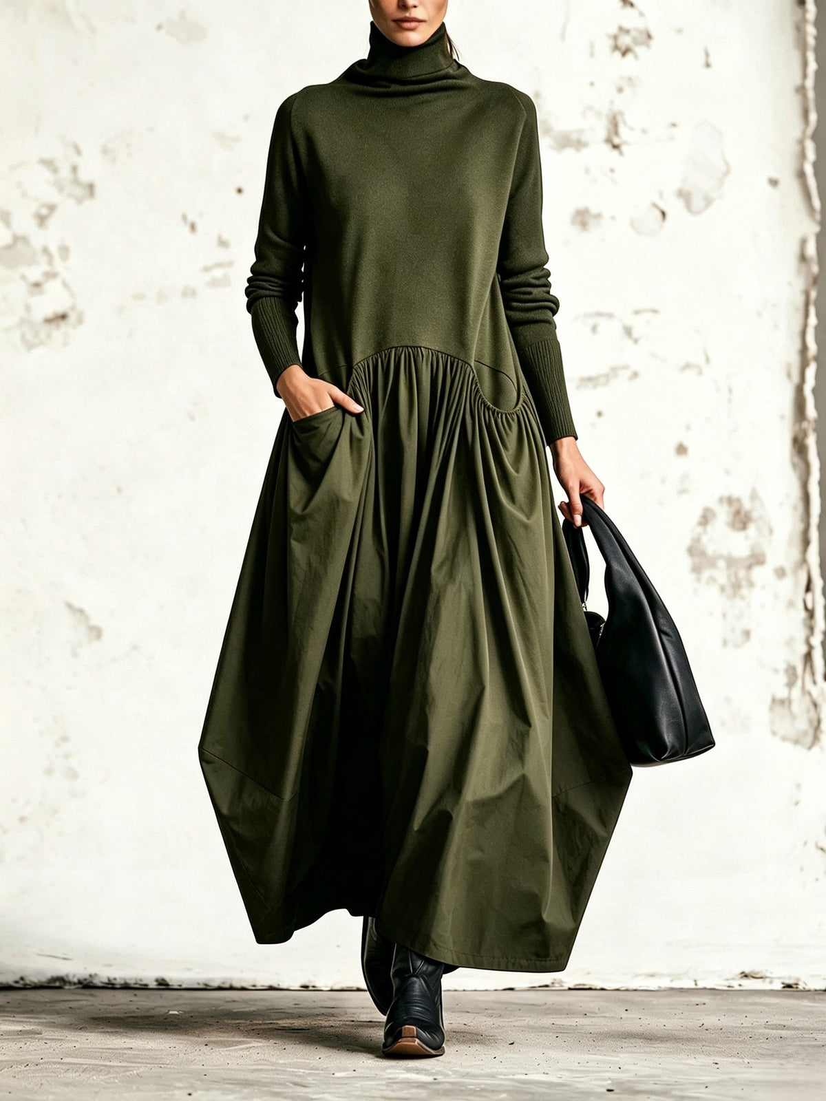 Vestido largo oversize con cuello alto y bolsillos