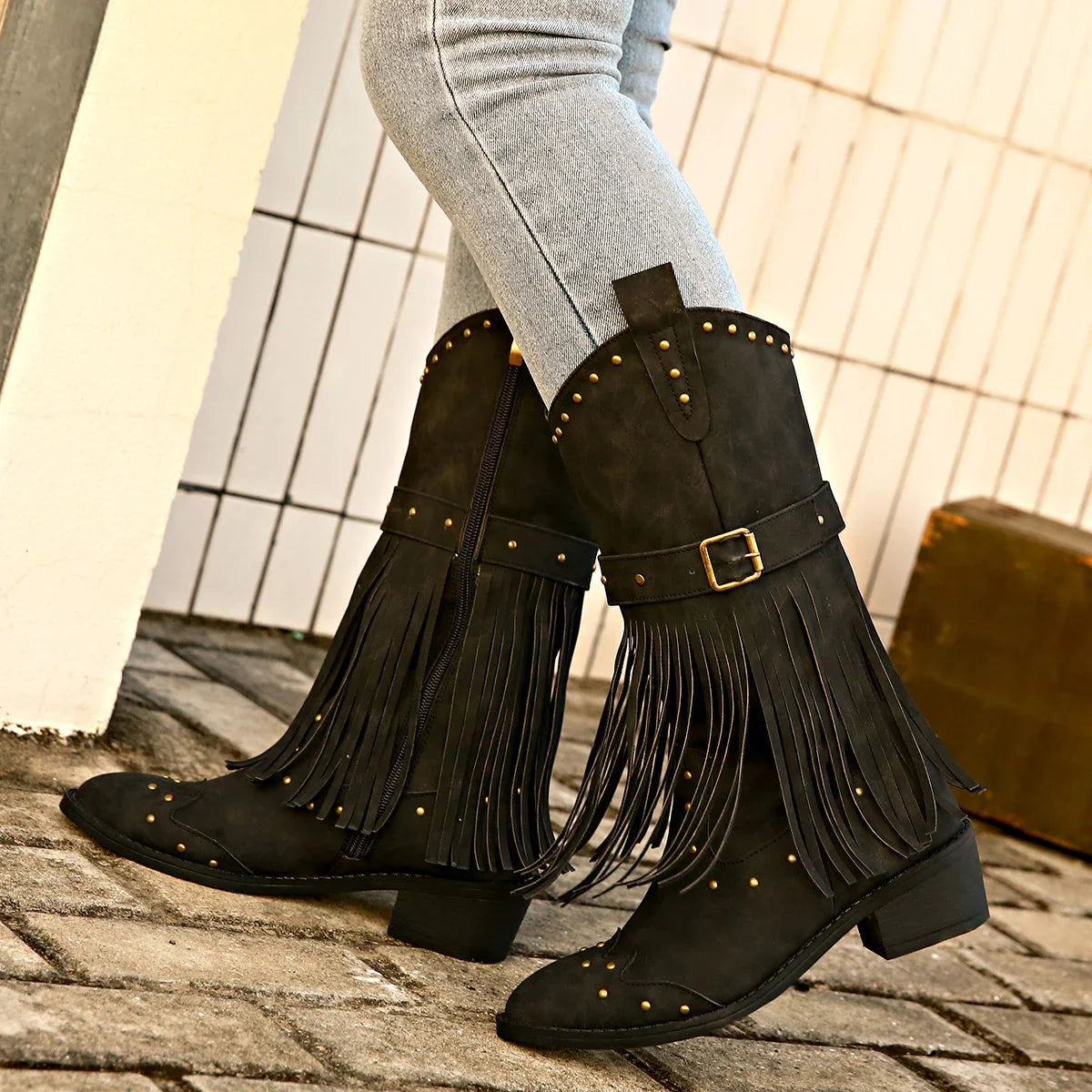 Beryl | Women's Pointed Toe Fringed Block Heel Boots with Studs and Side Zipper