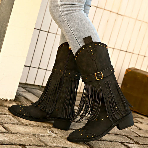 Beryl | Women's Pointed Toe Fringed Block Heel Boots with Studs and Side Zipper