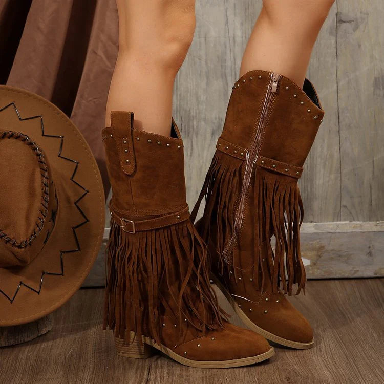 Beryl | Women's Pointed Toe Fringed Block Heel Boots with Studs and Side Zipper