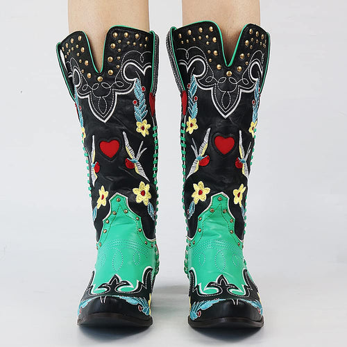Black Boots For Women | Embroidered Western Knee-High Block Heel