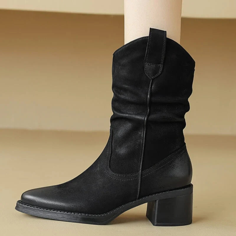 Boots For Women | Leather Western Block Heel Side Zip